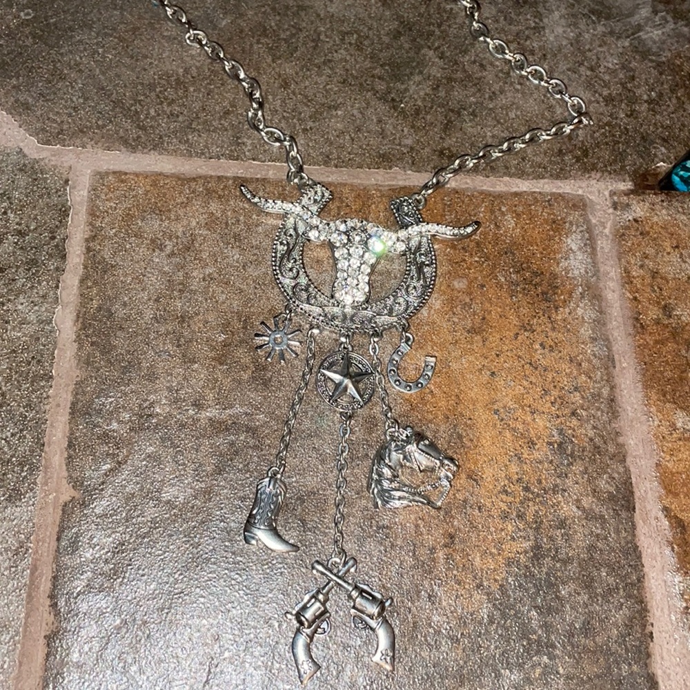 Western Steer Head Necklace with Dangling Charms.